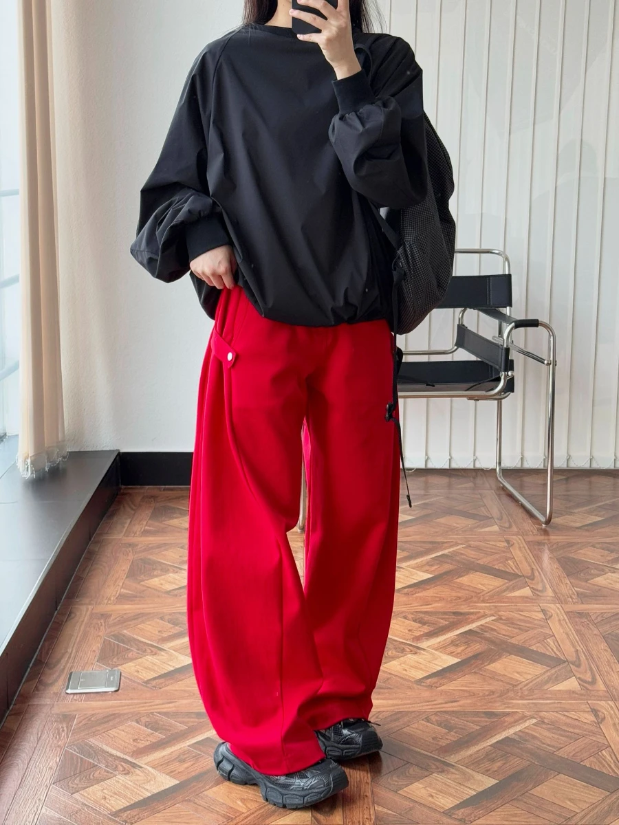 TWOTWINSTYLE Solid Fashion Loose Spliced Pockets High Waist Pants for Women Patchwork Button Minimalism Pant Female Clothing New