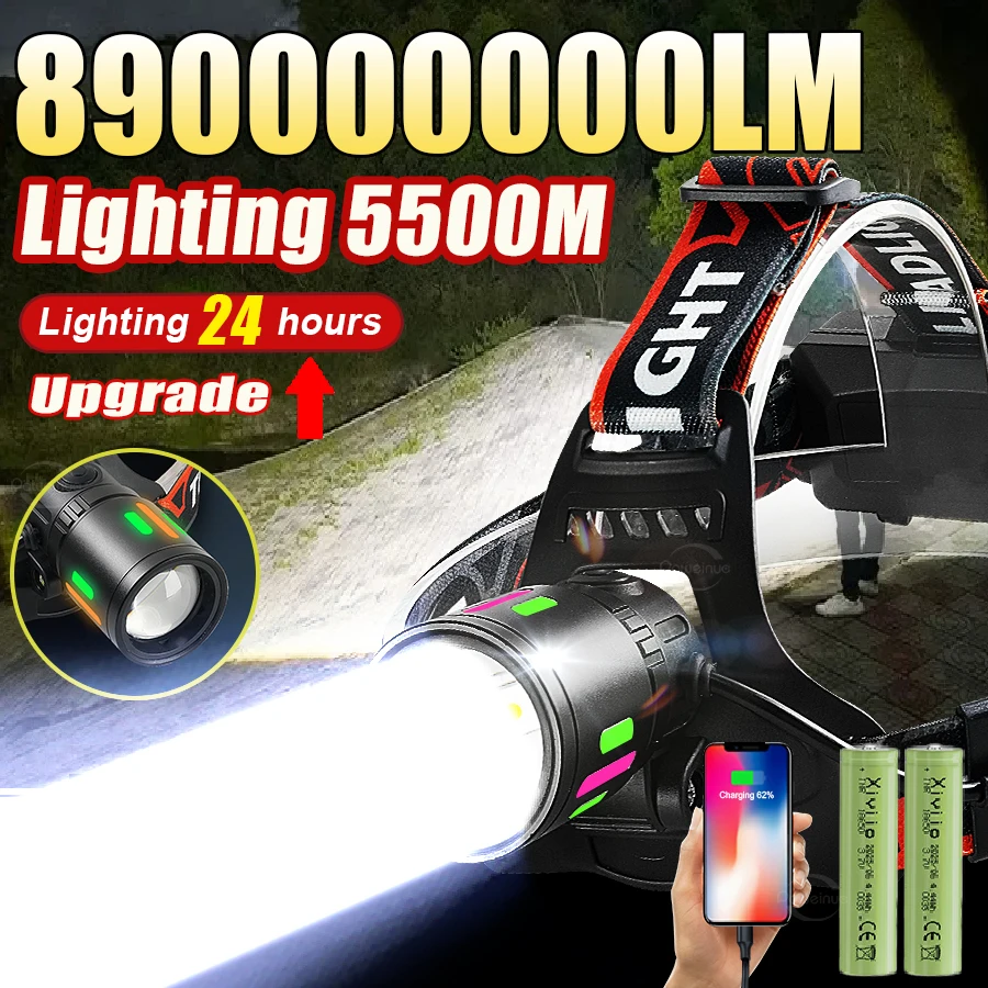 890000000LM Strong Light LED Headlight 18650 Powerful Headlamp Rechargeable Fluorescent Headlight Long Shot Fishing Head Lantern