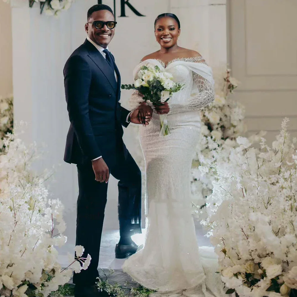 Robes de mariée classiques en dentelle de luxe personnalisées, manches longues, sirène scintillante, robes de mariée pour femmes