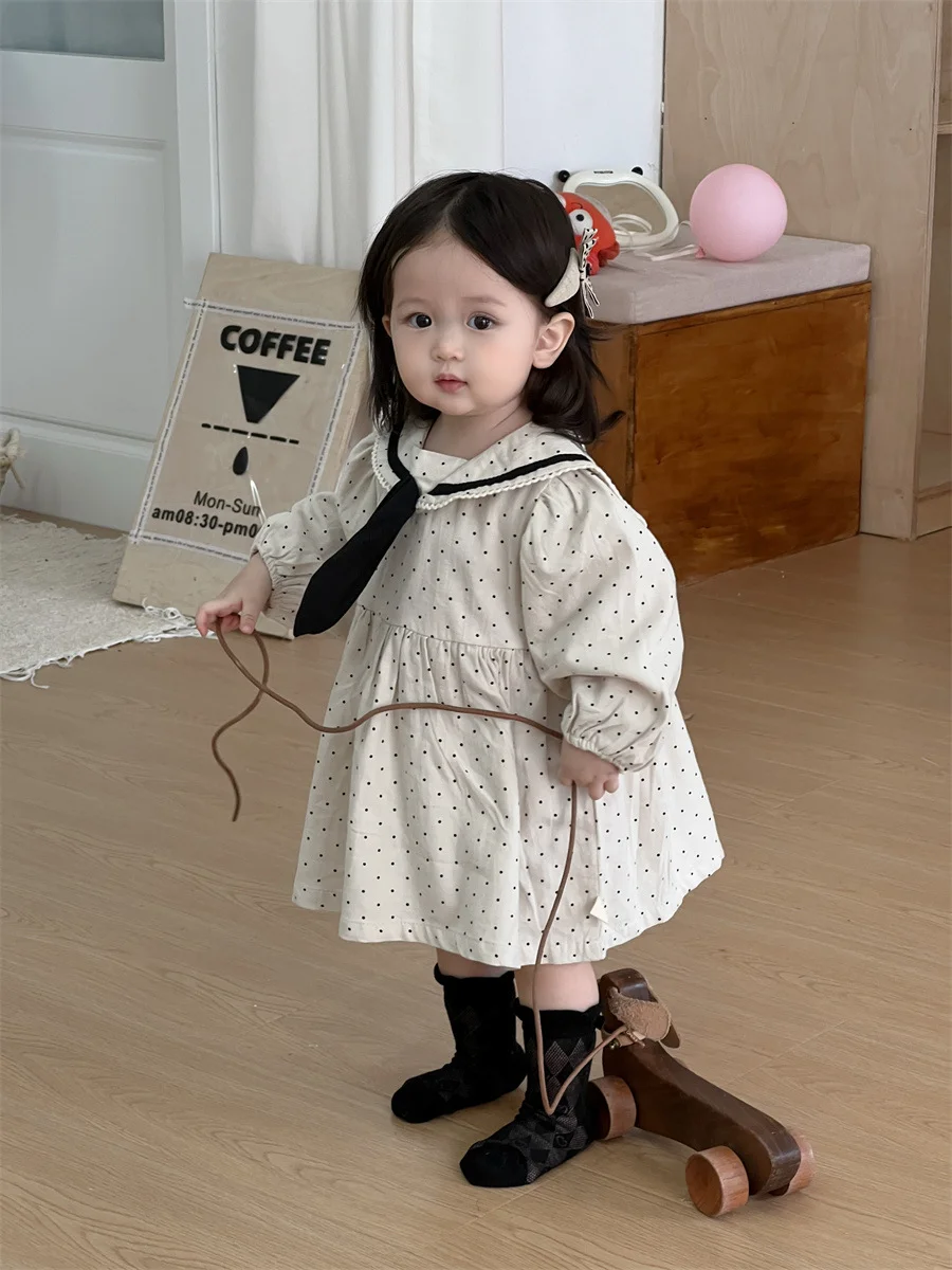 Clearance Baby Girls Dress 9M-3T Korean-style Kids Clothes Girls Polka Dots Dress Long Sleeve Princess Skirt