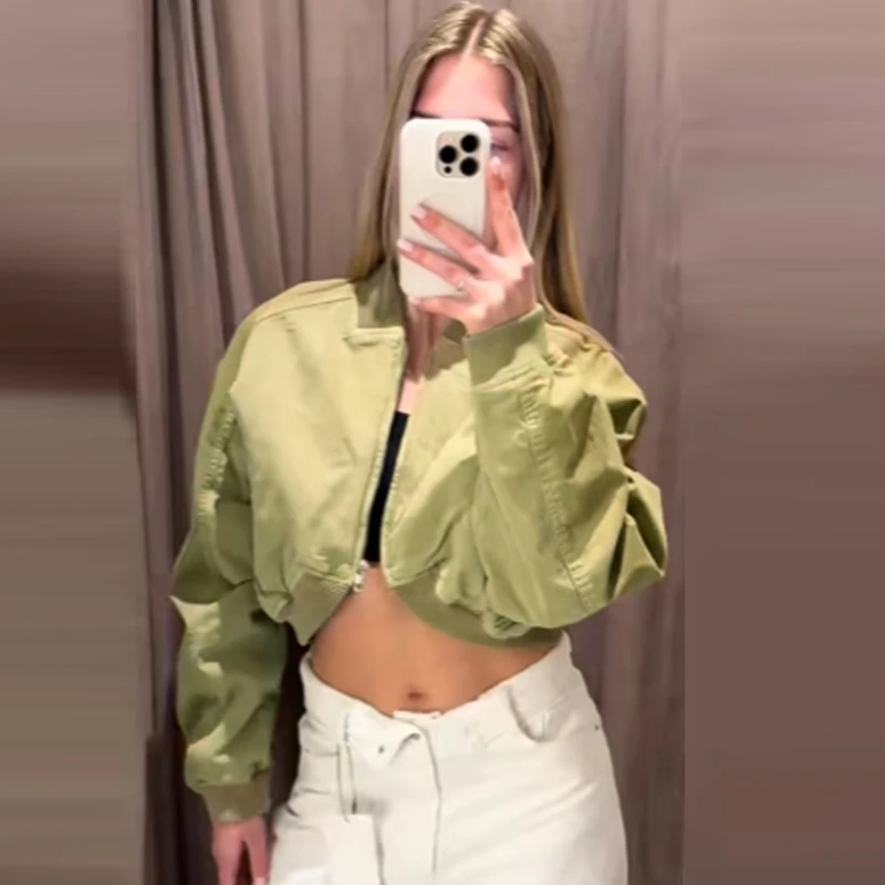 HXAO Crop Grüne Jacken Damenjacke Frühling Sommer 2026 Lässige Langarm-Reißverschluss-Collegejacke Outdoor Streetwear Mäntel – Detail 8