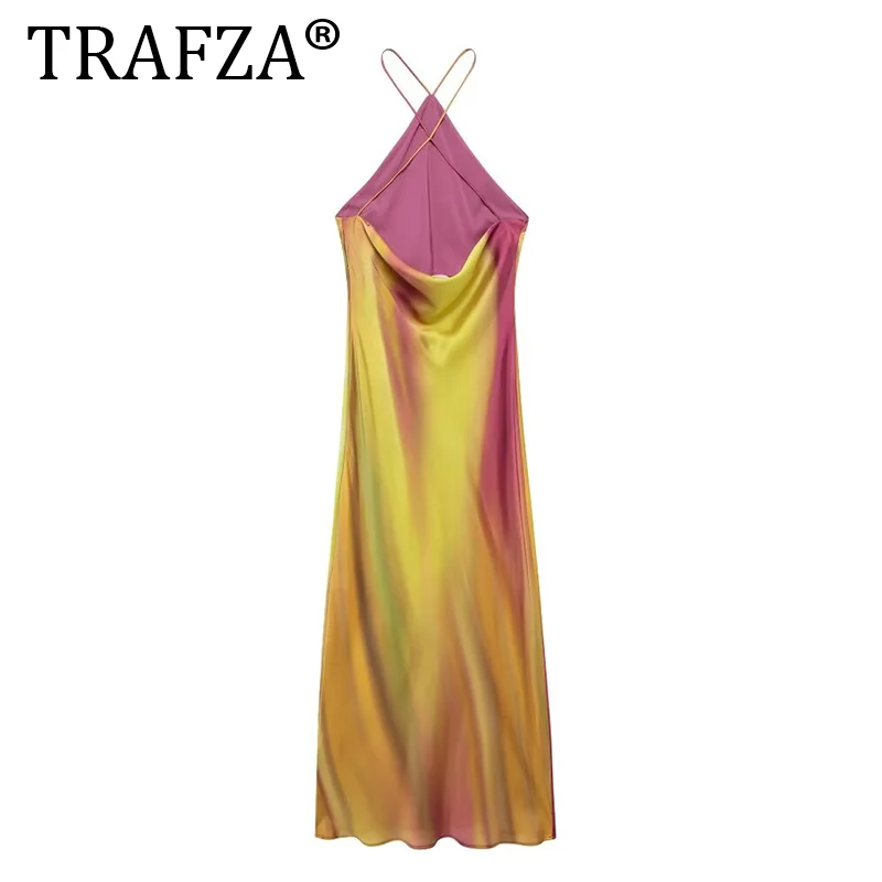 TRAFZA Summer New Fashion Women Dresses Print Tie Dye Sleeveless Backless Decorate Femael Beach Style Slim Long Dress Mujer