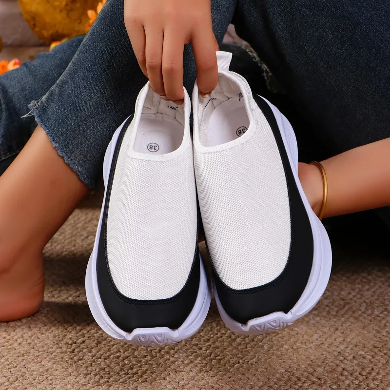 Women's Anti-slip Spring and Autumn Casual Shoes Black White Thick Bottom Socks Sneakers Big Size Mesh Breathable Tennis Shoes