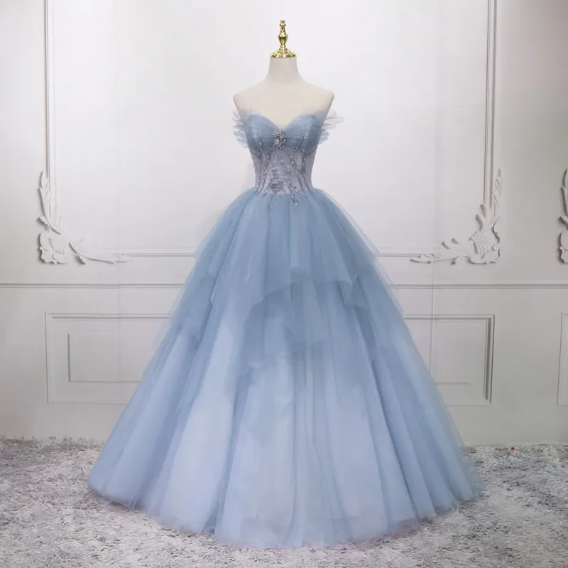 

Customized Evening Dress Blue Handmade Beads Strapless Floor-Length Princess Lace up Plus size Woman Party Formal Ball Gowns