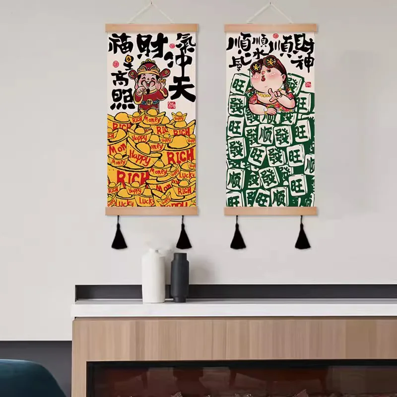 God of Wealth Fa Cai Hang Painting China-Chic Cloth Painting Good Moral Corridor Decoration Hanging Barbecue Shop Wall Painting