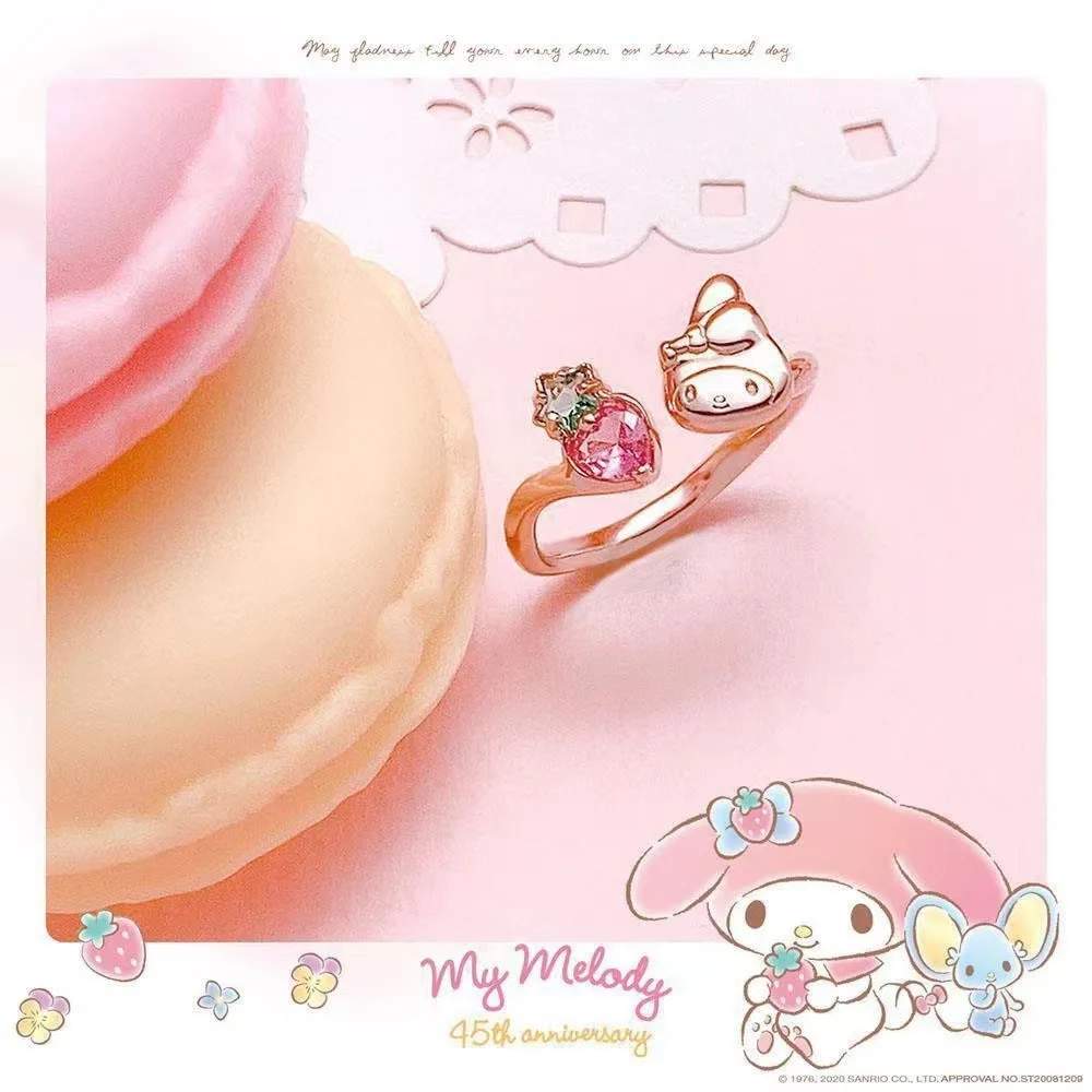 

Sanrio Cartoon Adjustable Ring Anime My Melody Sparkling Strawberry Design Rose Gold Cute Jewelry for Women Gifts