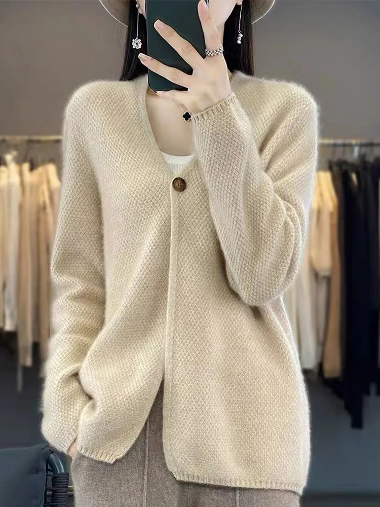 

Casual Autumn Winter Women Sweater 30% Merino Wool Solid KnitWear Loose Soft Cardigan Female Outerwear Long Sleeve Clothing Tops