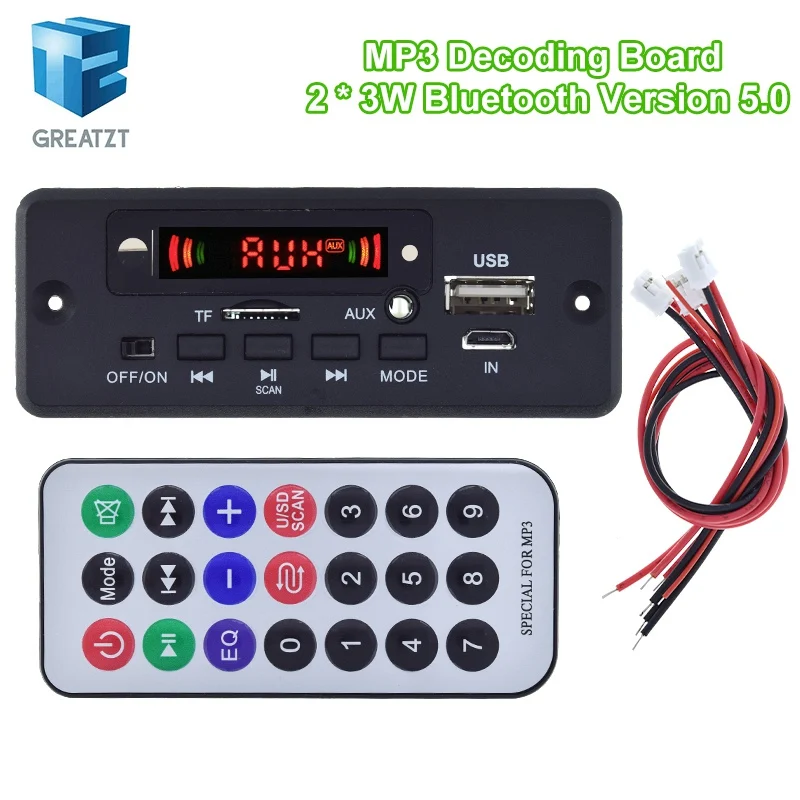 GREATZT Bluetooth 5.0 MP3 Player Decoder Board 5V-32V 6W Amplifier Car FM Radio Module Support FM TF USB AUX Recorders