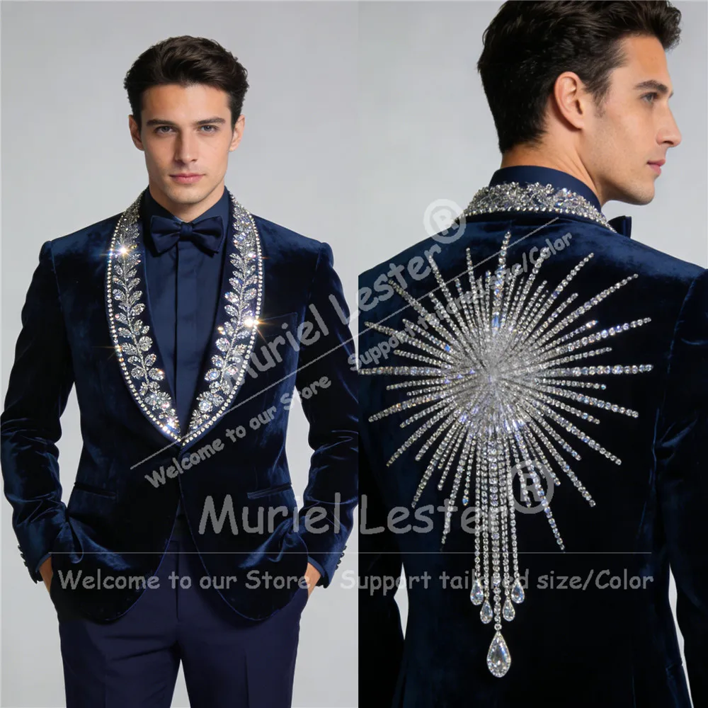 Luxury Diamond Beaded Suits Men 2 Pieces Wedding Groom Tuxedo Glitter Lapel Male Prom Blazer Slim Fit Customized Costume Homme