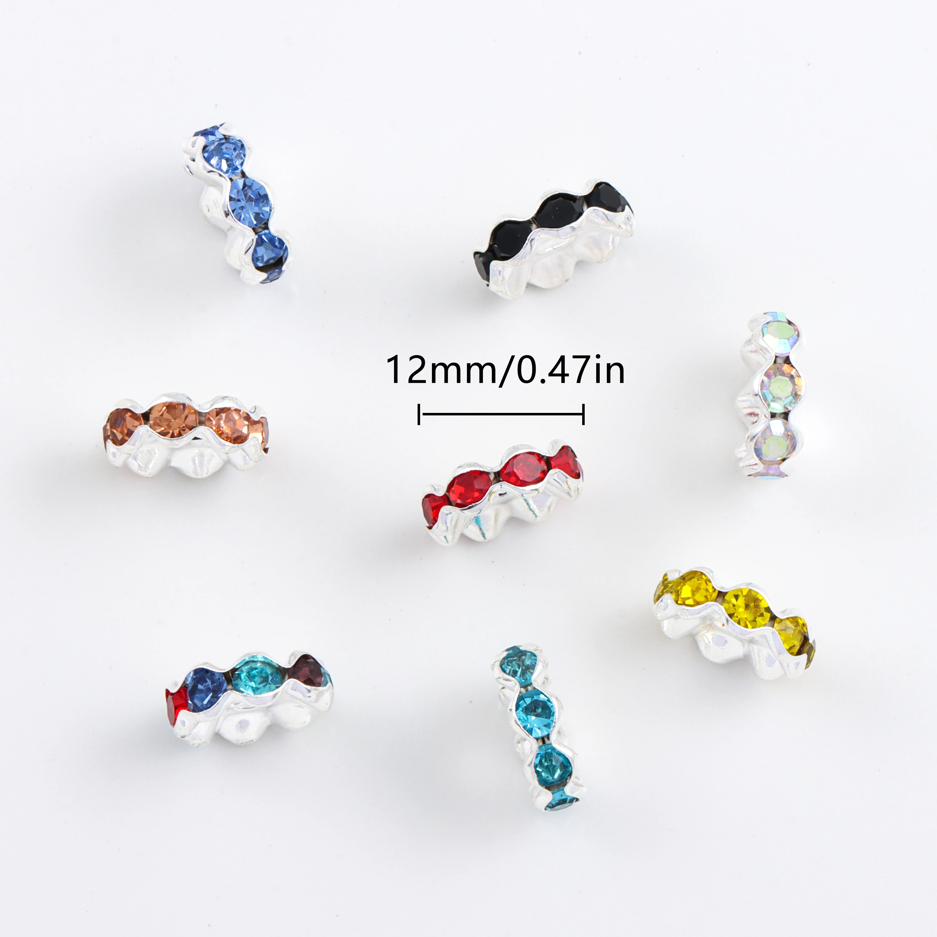 50pcs 12mm Rhinestone Alloy Spacers Colorful Wavy Beads For Jewelry Making, DIY Bracelet Necklace Craft Supplies Decorative