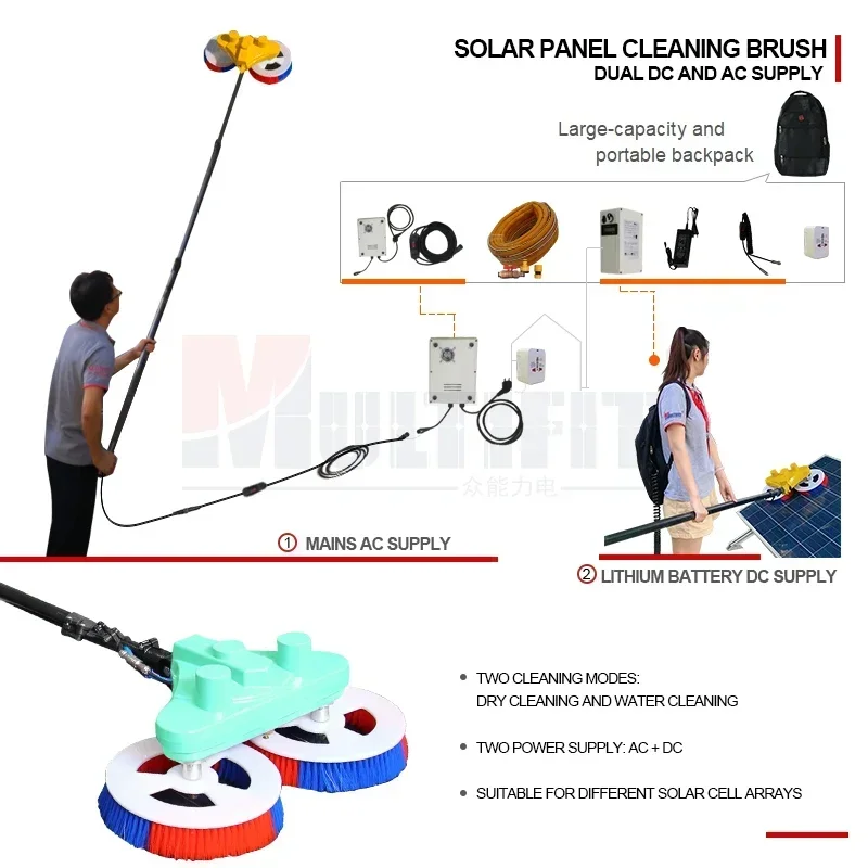 Operated Rotary Solar  Cleaning Brush 5.5m Telescopic Rod Extendable Water Fed PV Cleaner with Holder for