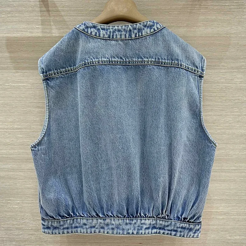 معطف جينز عالي الجودة بتصميم عالي الجودة من القطن بالكامل سترة نسائية محبوكة بفيونكة بدون أكمام ملابس خارجية 25110755