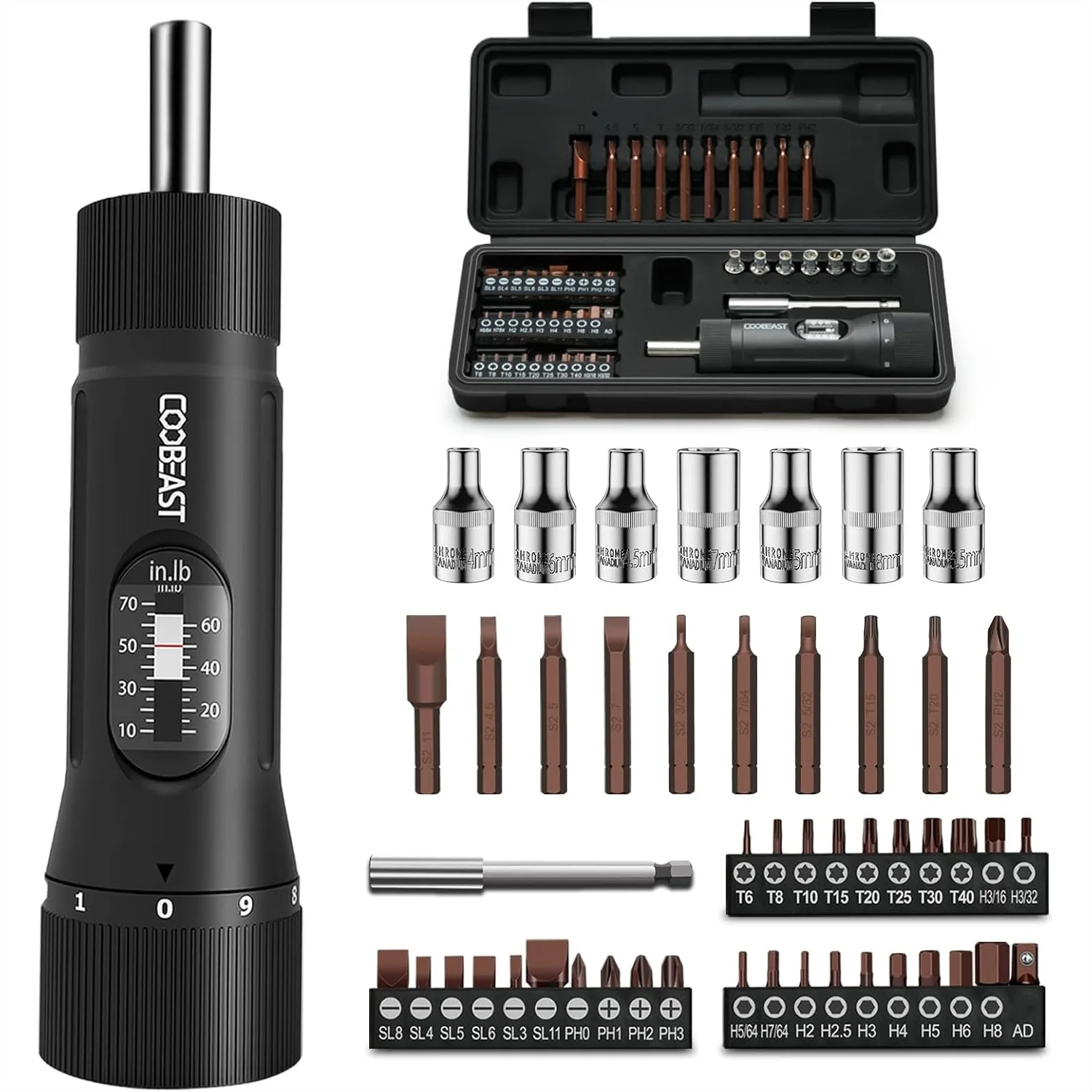 

49 Pcs Torque Screwdriver Set 10-70 in-lbs with S2 Bits & Sockets for Bike Repairing