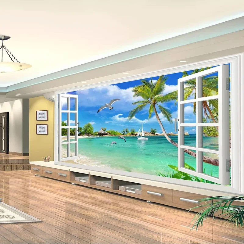 Custom 3D Photo Wallpaper Window Beach Scenery Bedroom Living Room Sofa TV Background Wall Covering Mural Wallpaper For Walls 3D