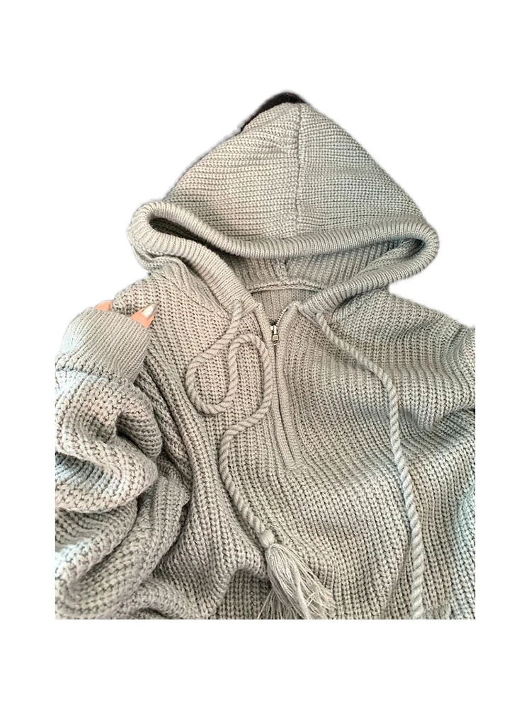 Women\'s Grey Hoodies Pullover Knitted Sweater Vintage Harajuku Casual Y2k 90s Aesthetic Long Sleeve Knit Sweaters 2000s Clothes