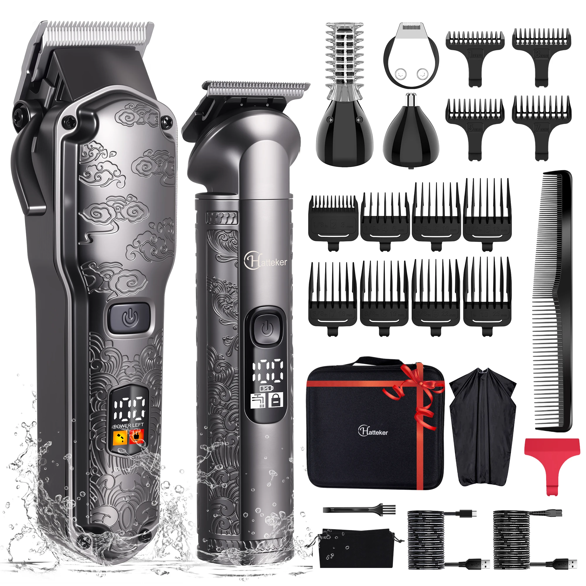 Hatteker Metal Electric Hair Trimmer Set Smart LCD Digital Display Multi-Functional Home Use Haircut Kit