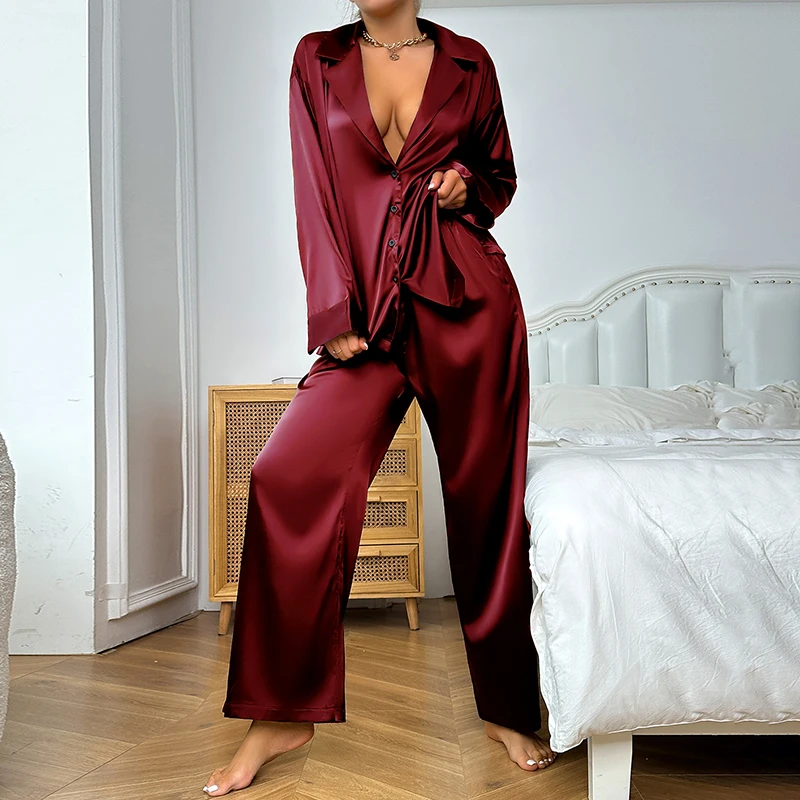 Autumn women\'s pajamas two-piece set with lapel buttons long sleeved top elastic waist long pants casual comfortable home wear