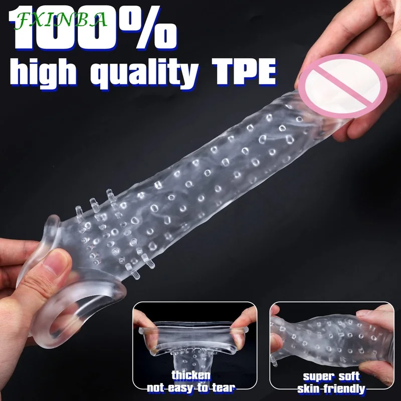 FXINBA New 21cm Thorns Realistic Penis Sleeve Extender Large Reusable Penis Condom Delay Extension Sex Toy for Men Cock Enlarger