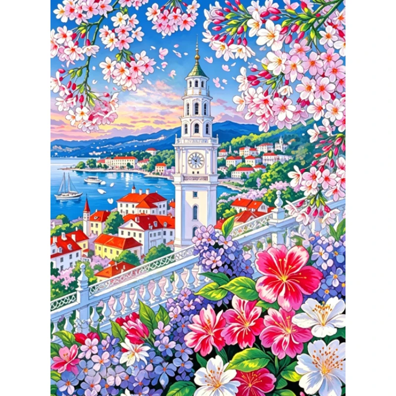 DIY 5D Diamantmalerei, Küstenuhrständer-Stadt mit Blumenlandschaft, Hobby-Bastelprojekt für die Wanddekoration zu Hause, ideales Geschenk für Kunstliebhaber