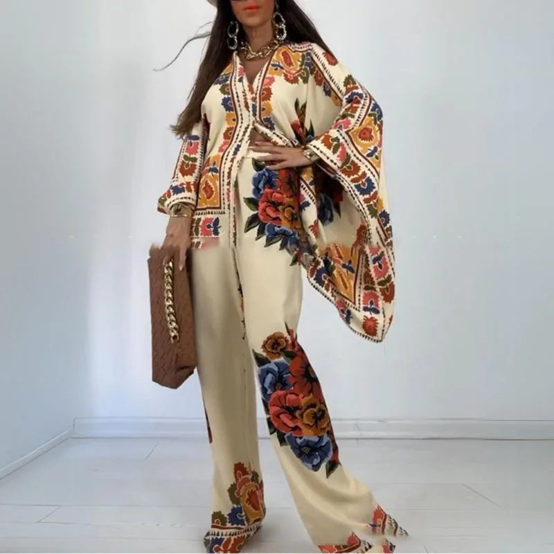 Vintage Graphic Print Flare Sleeve Autumn Set Women Spring V Neck Button Top Wide-leg Pants Outfits Casual Loose Two Piece Suits