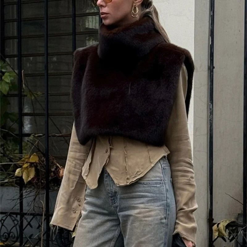 Women Faux Fur Vest Coats Jackets Turtleneck Sleeveless Coat Thick Warm Y2k Streetwear Jacket Elegant Outerwear Autumn Winter
