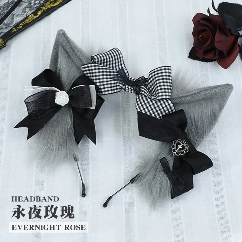 แมวหู Headband คอสเพลย์สีเทาสตรอเบอร์รี่ฟ็อกซ์หู Headdress หวานน่ารักสาว Lolita อุปกรณ์เสริมแมวหู Headdress