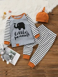 3Pcs Baby Boys Long Sleeve Cartoon Elephant  Top Autumu & Stripe Pantsuit Daily Set +Hat