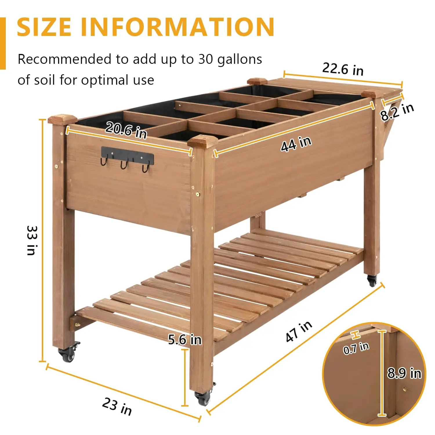 Raised Garden Bed with Lockable Wheels Mobile Elevated Wood Planter,Storage Shelf, Protective Liner,55.5x24x32in, Customized