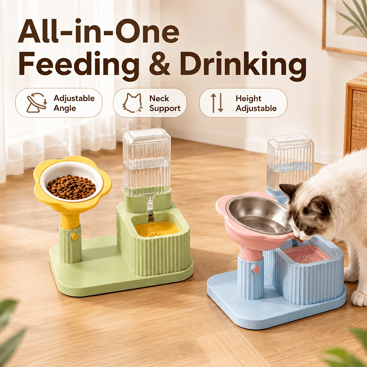 All-in-One Pet Feeding Station Adjustable Height StainlessTilt Food Bowl Automatic Gravity Waterer for Cat Dog Indoor Daily Use