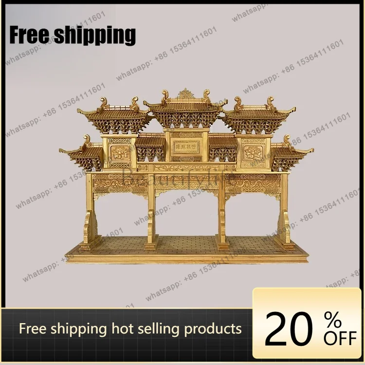 Chinese wood carving pendant decorative ornament handicrafts ancient building model boxwood three doors archway