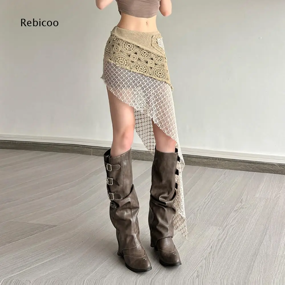 Asymmetric Long Draped Hem Crochet Mini Skirt With Patchwork Detail High Waist For Women For Trendy Street Fashion Outfits