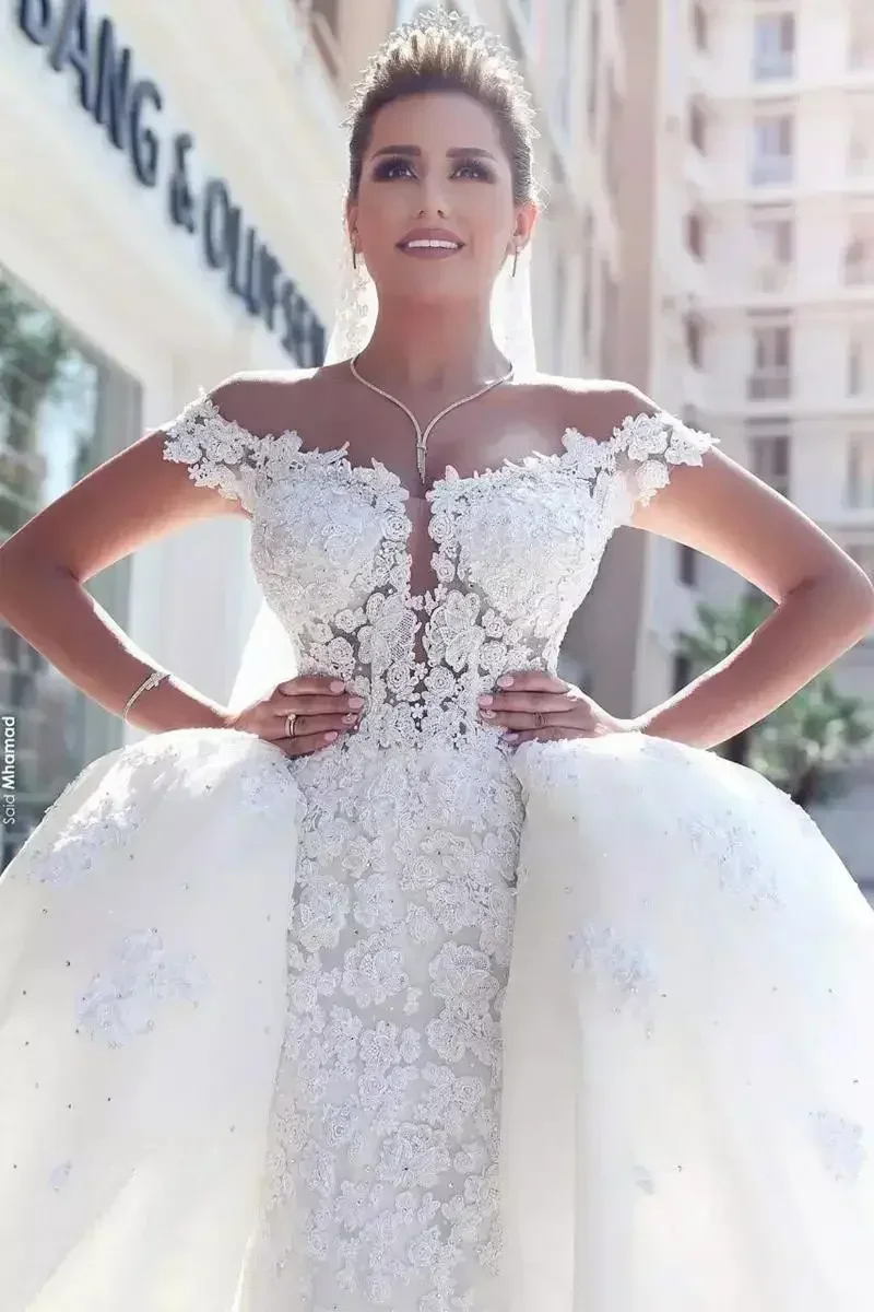 Customized Off The Shoulder Lace Wedding Dresses Puffy Train Vestido Noiva Open Back Ballgown Bridal Gowns