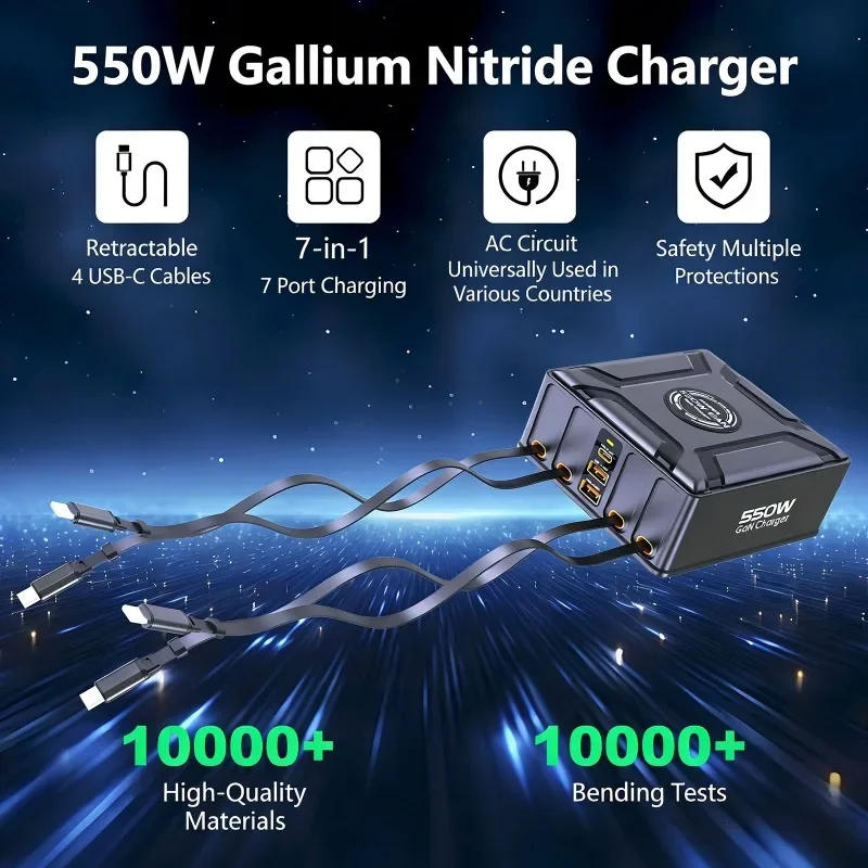 7-in-1 GaN Fast Charger Desktop Charger 550W Multi-Port Station with Retractable Cable for Laptop Phone Tablet