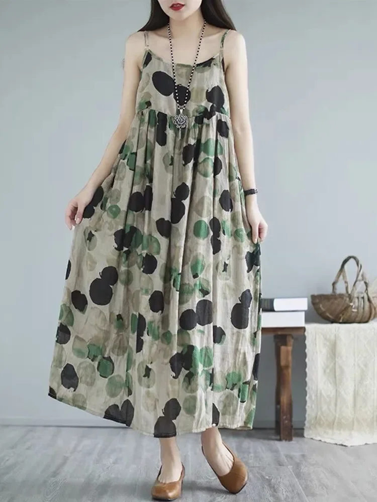 

Sleeveless Strap Vintage Floral Polka Dot New in Dresses for Women Casual Loose Long Summer Beach Dress Elegant Clothing E7088