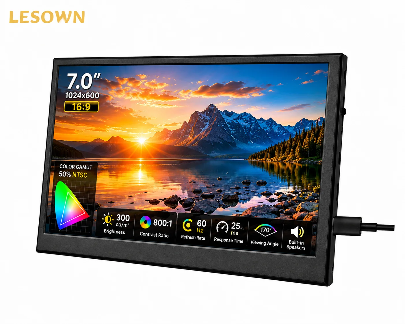 LESOWN 60Hz 7" Computer Case Secondary Monitor Aluminium Chassis Temperature Sensor Panel with Speaker for AIDA64 Desktop PC