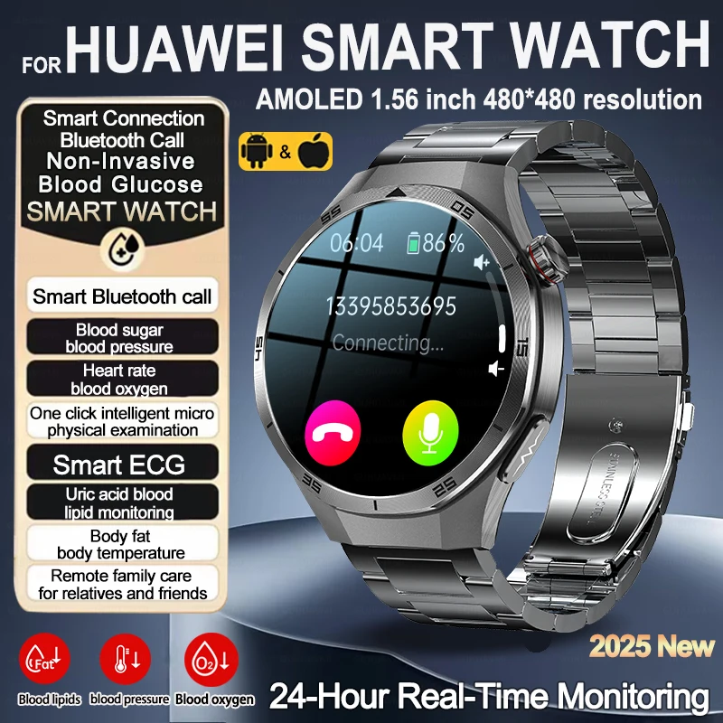 2025 Новые мужские умные часы медицинского класса, умные часы с микрофизическим обзором, часы для здоровья, умные часы для измерения уровня сахара в крови для Huawei