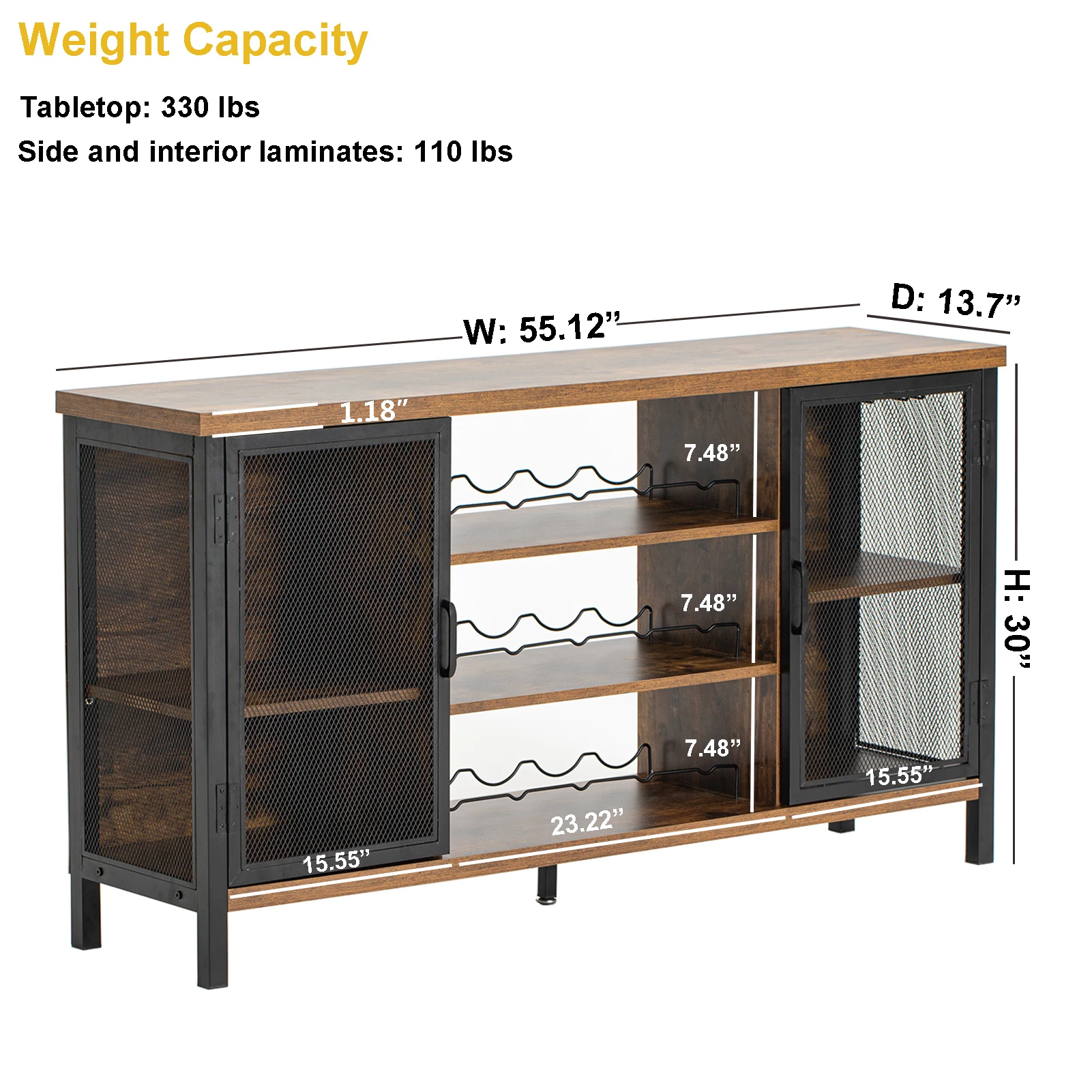 Household LED Wine Bar Cabinet, Mesa de madeira e aço com porta-garrafas, Farmhouse Coffee Bar, 2 portas de dobrar