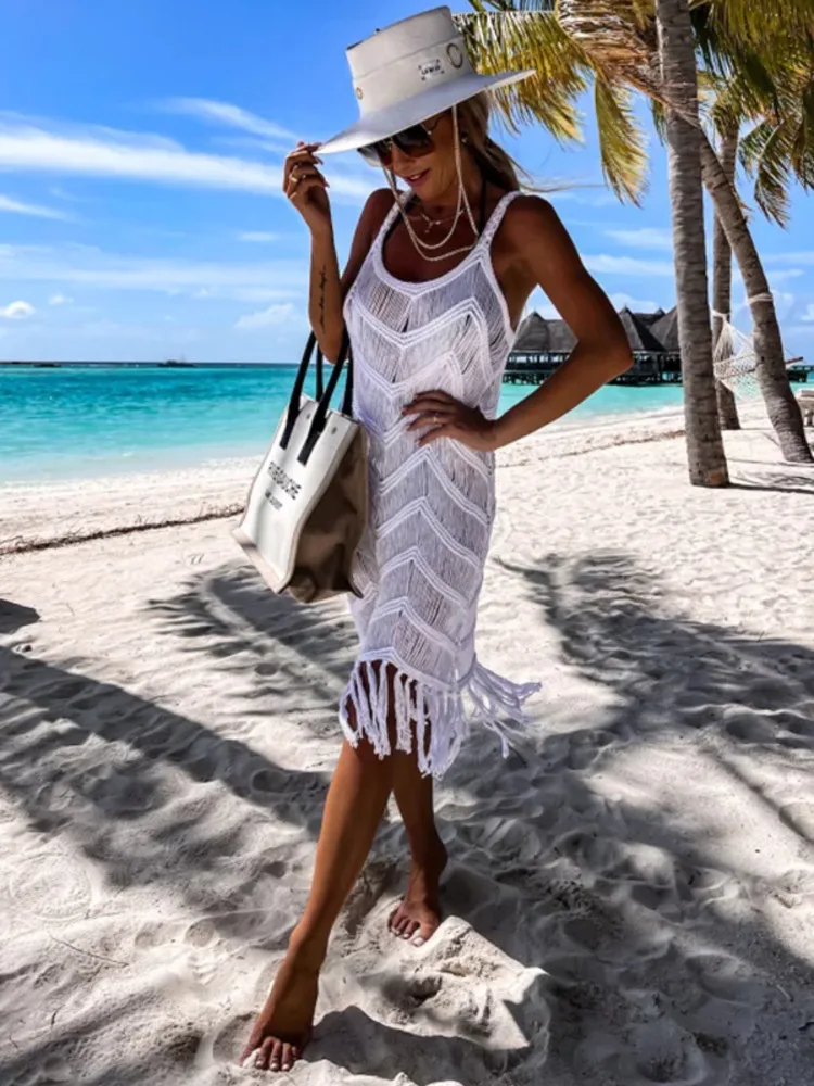 2023 White Crochet Tunic Bikini Cover-ups Sexy Hollow Out Dress Women Summer Clothes See Through Beach Wear Tassel Cover Up