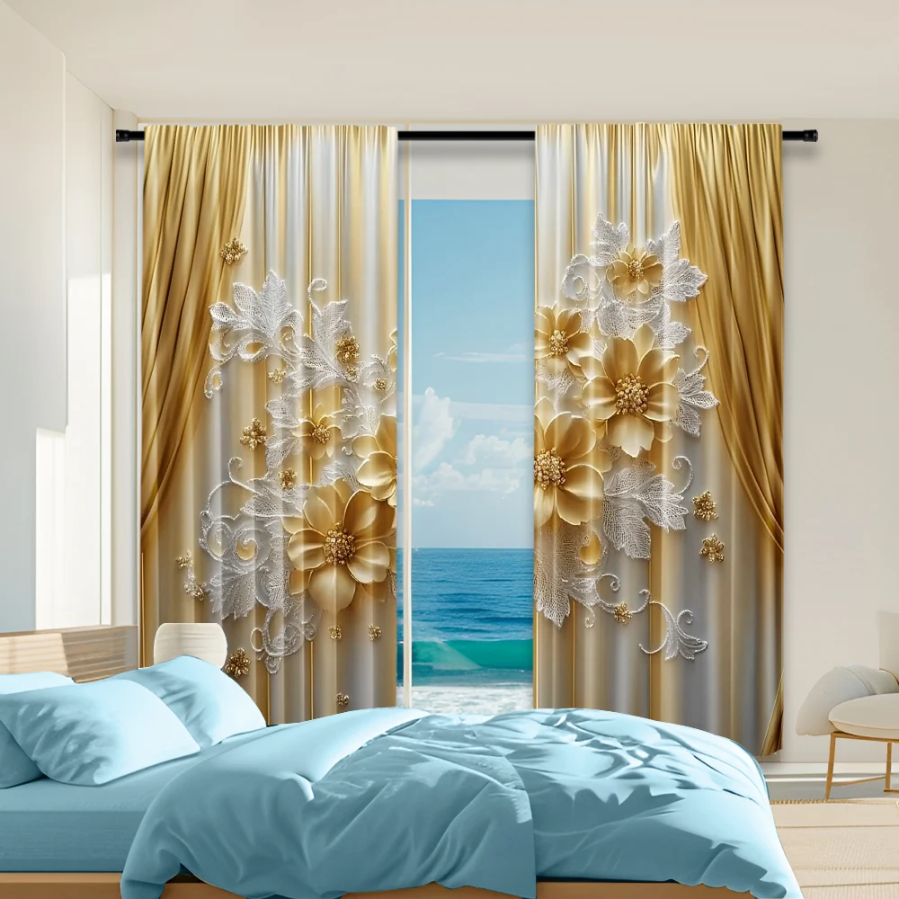 

2Pcs Elegant Floral Print Window Curtains Contemporary Style Machine Washable Polyester Material Versatile Decor For Various