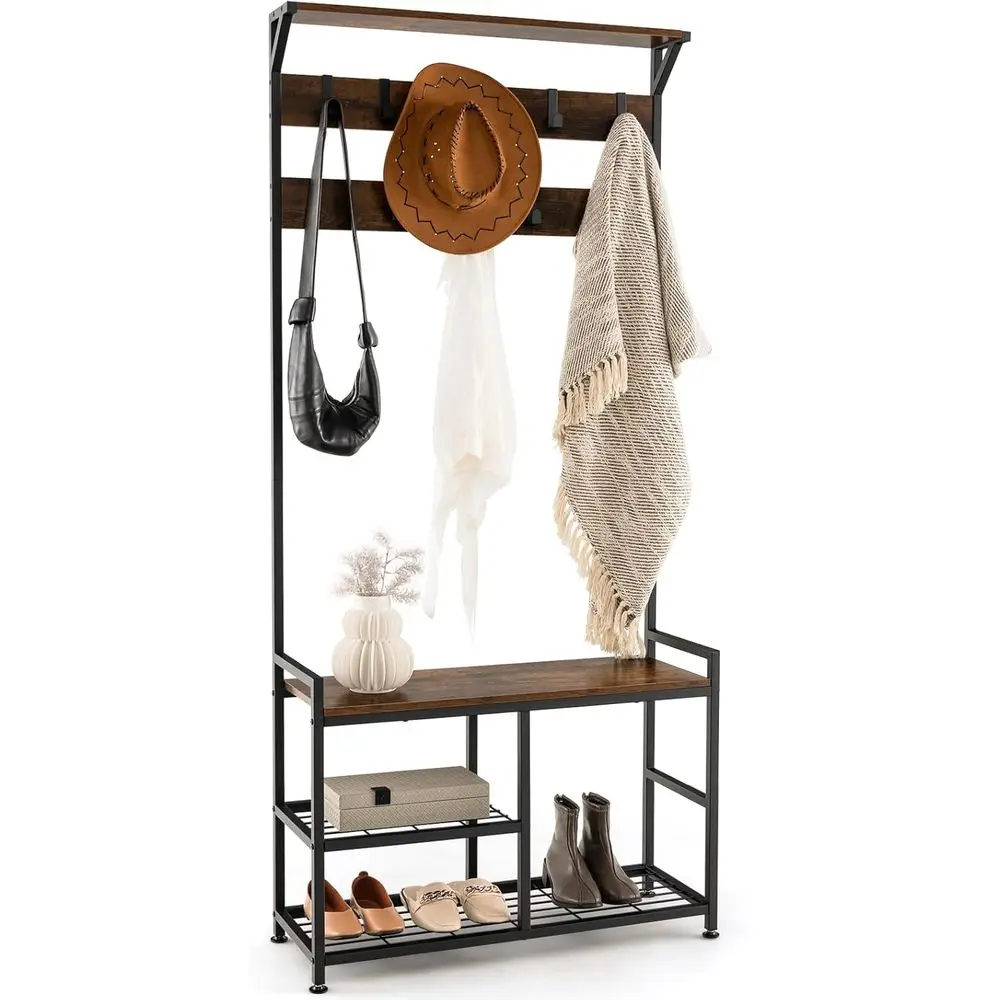 

Rustic Brown 72 Hall Tree with 4-in-1 Coat Rack, Shoe Bench, Top Shelf & 9 Hooks