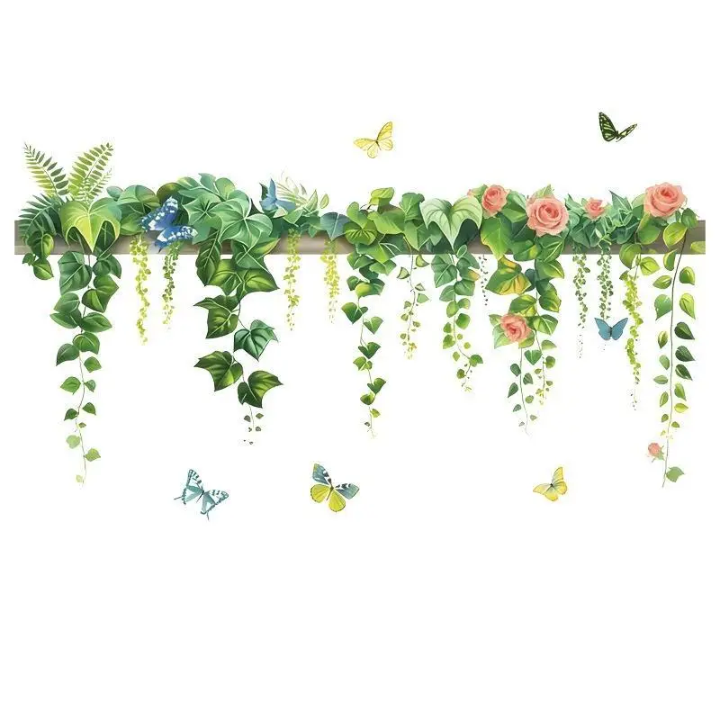 Waterproof Wall Decals Green Vine Pink Rose Butterfly Removable Self-Adhesive Stickers for Bathroom Kitchen Home Wall Decor