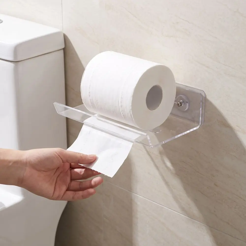 Clear Toilet Paper Holder Acrylic U Shape Wall Mounted Tissue Rack With Stickers No Punching Bathroom Tissue Shelf Bathroom