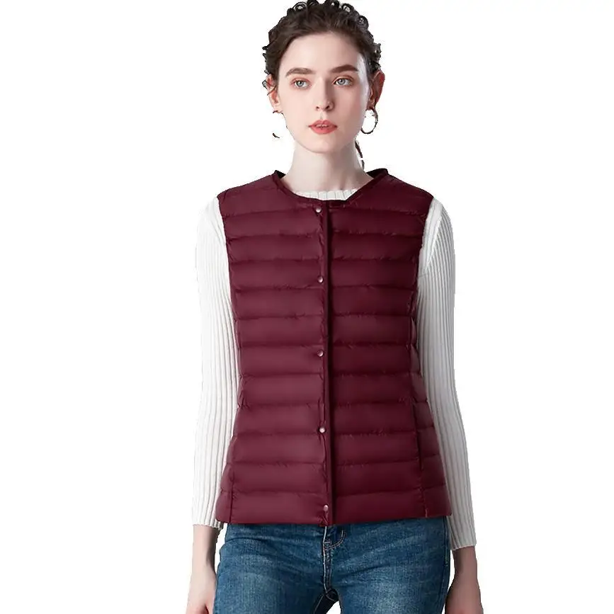 Chaleco ligero de cuello redondo para mujer, Chaqueta corta sin cuello, otoño e invierno, novedad de 2023