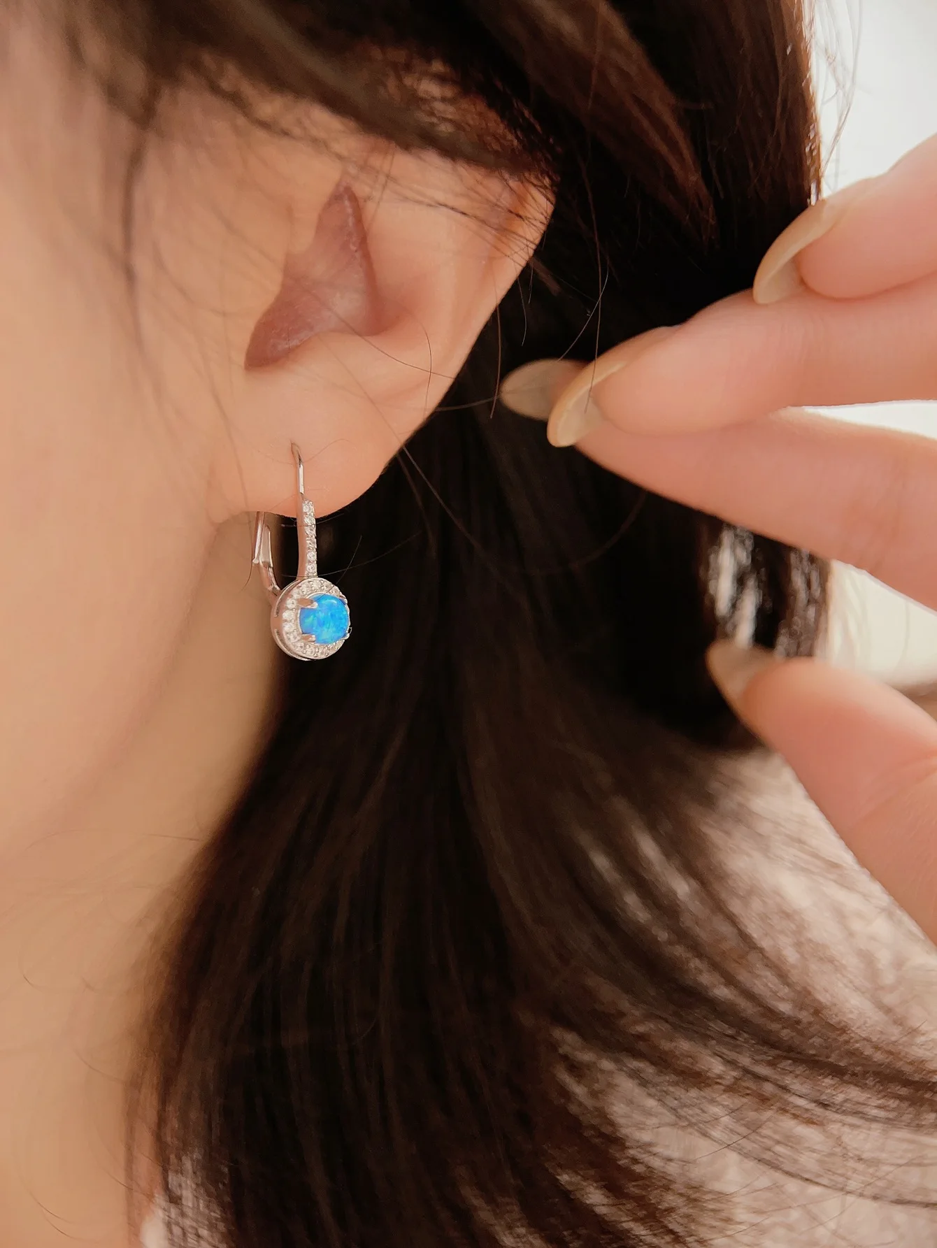 Retro Sterling 925 Silver and Blue Opal Earrings with Shining Zircon, Exquisite Elegant Style for Attending Engagement or Party