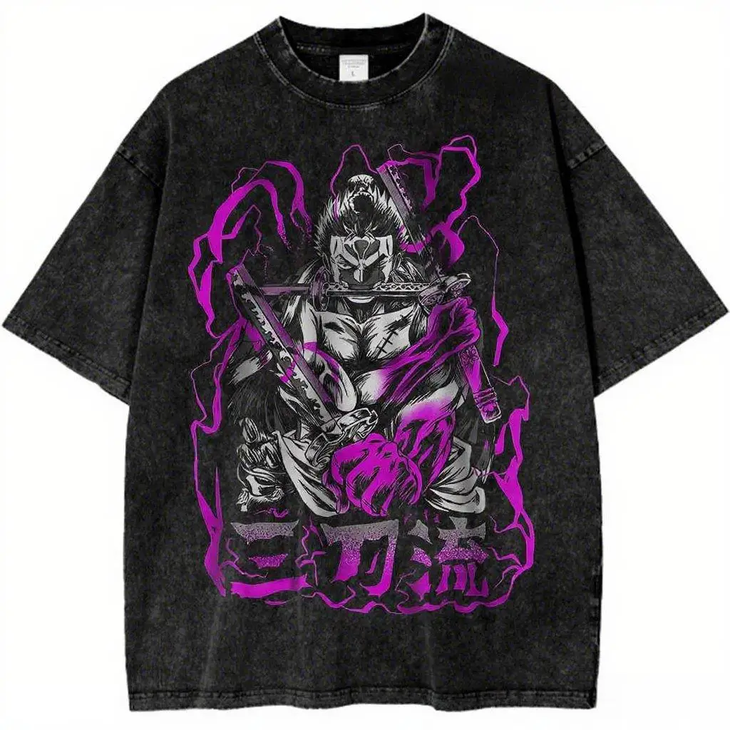 Een Stuk Anime Vintage Gewassen T-shirt Zomer Nieuwe Y2k Kleding Katoen Korte Mouw Casual Tops Japanse Grafische Tee Streetwear