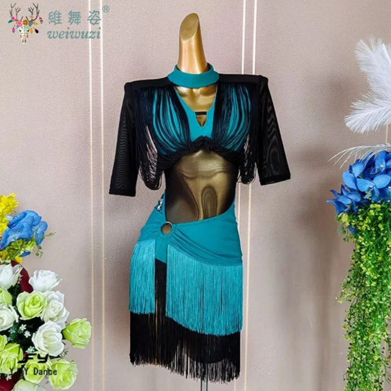 Latin Dance Performance Costumes High-end Backless Fringed Splicing Fringed Dresses Tango Chacha Samba Competition Clothing