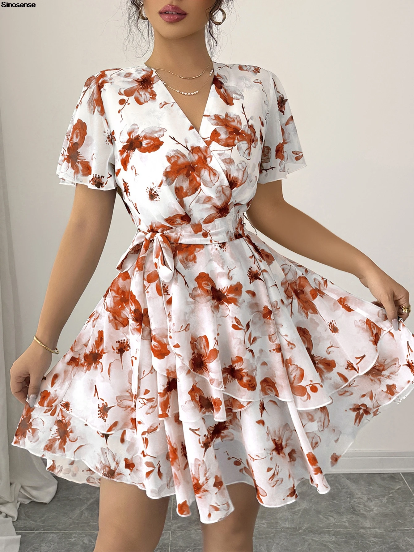 Mulheres verão boho floral mini vestido sexy envoltório decote em v em camadas flowy skater vestido elegante cocktail festa praia vocação vestido