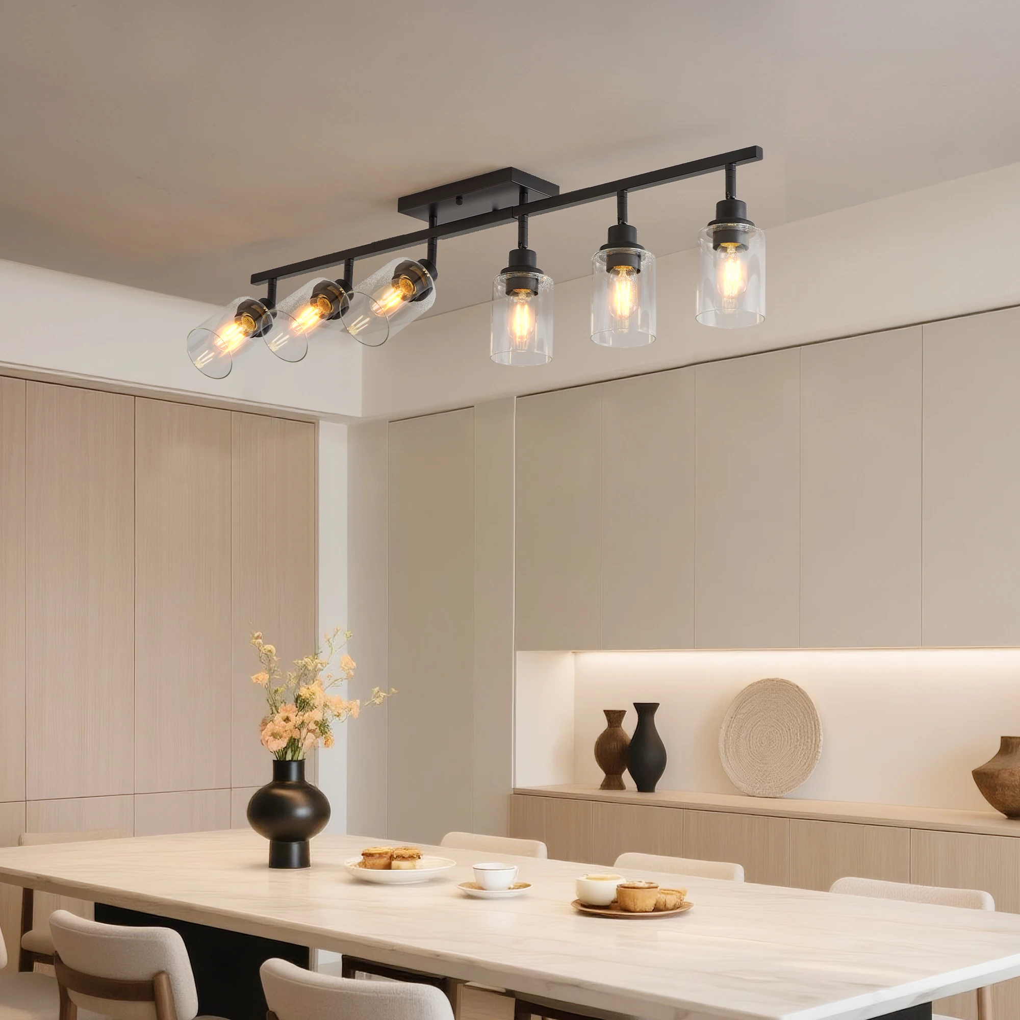 ARLGSITE 43-inch 6-Light Matte Black Flush Mount Ceiling Light with Rotatable Heads, Clear Glass Shades, and E26 Sockets