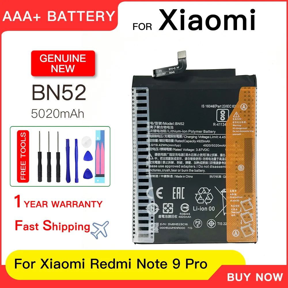 Genuine BN52 5020mAh Battery For Xiaomi Redmi Note 9 Pro Phone Replacement Battery Batteries Batteria+Free Tools