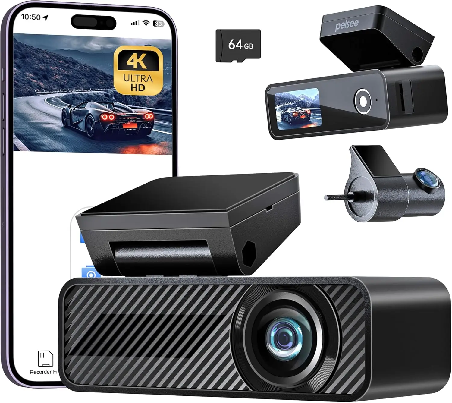 

4K+1080P Dual Dash Cam Front and Rear, 64GB SD Card, WiFi & App Control, Voice Control, Night Vision, 24H Parking Mode